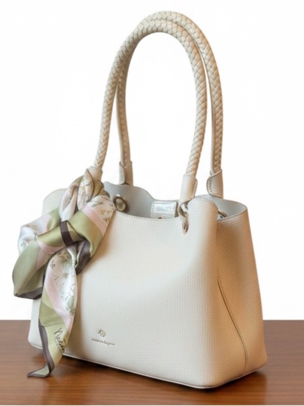 Nanette Lepore Cream Textured Tote with Scarf Accent